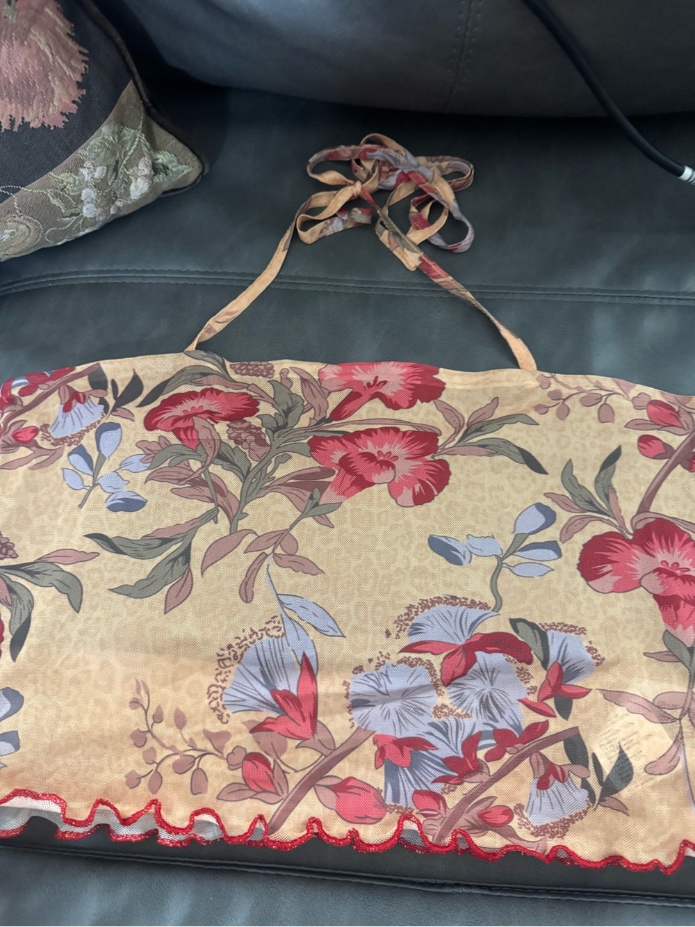 Floral Tie-Back Halter Top in Beige with Red & Light Blue Flowers